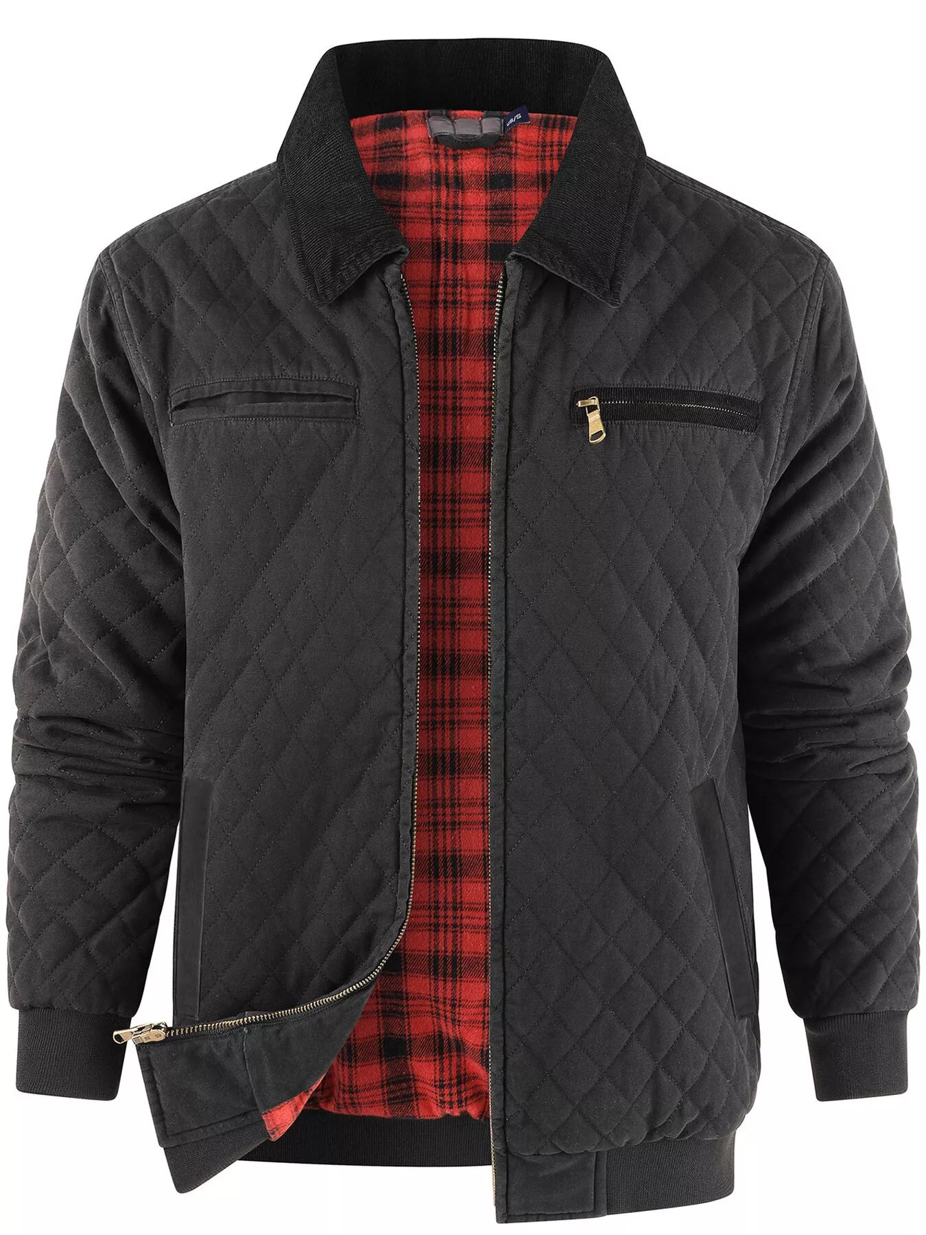 Men's Quilted Collared Neck Jacket with Plaid Lining