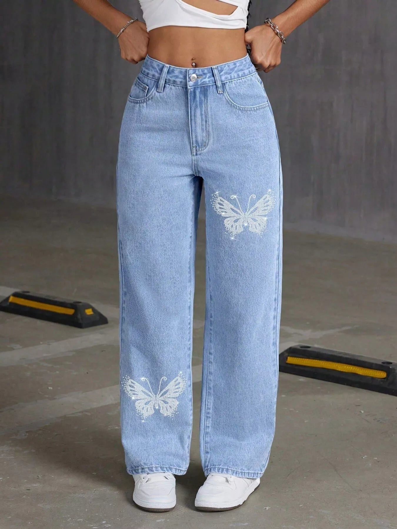 Butterfly Embellished Wide Leg Jeans