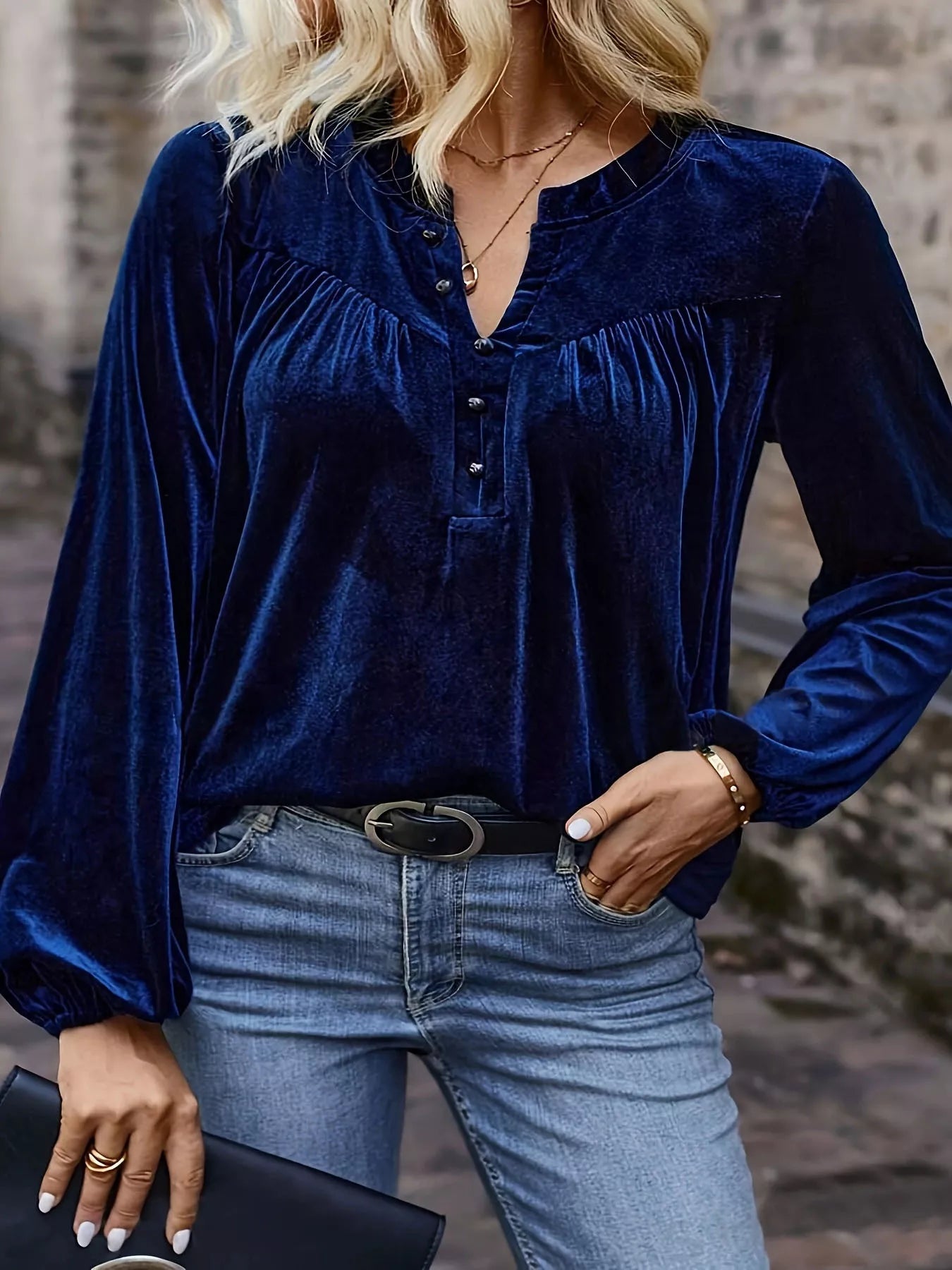 Velvet Notched Long Sleeve Blouse