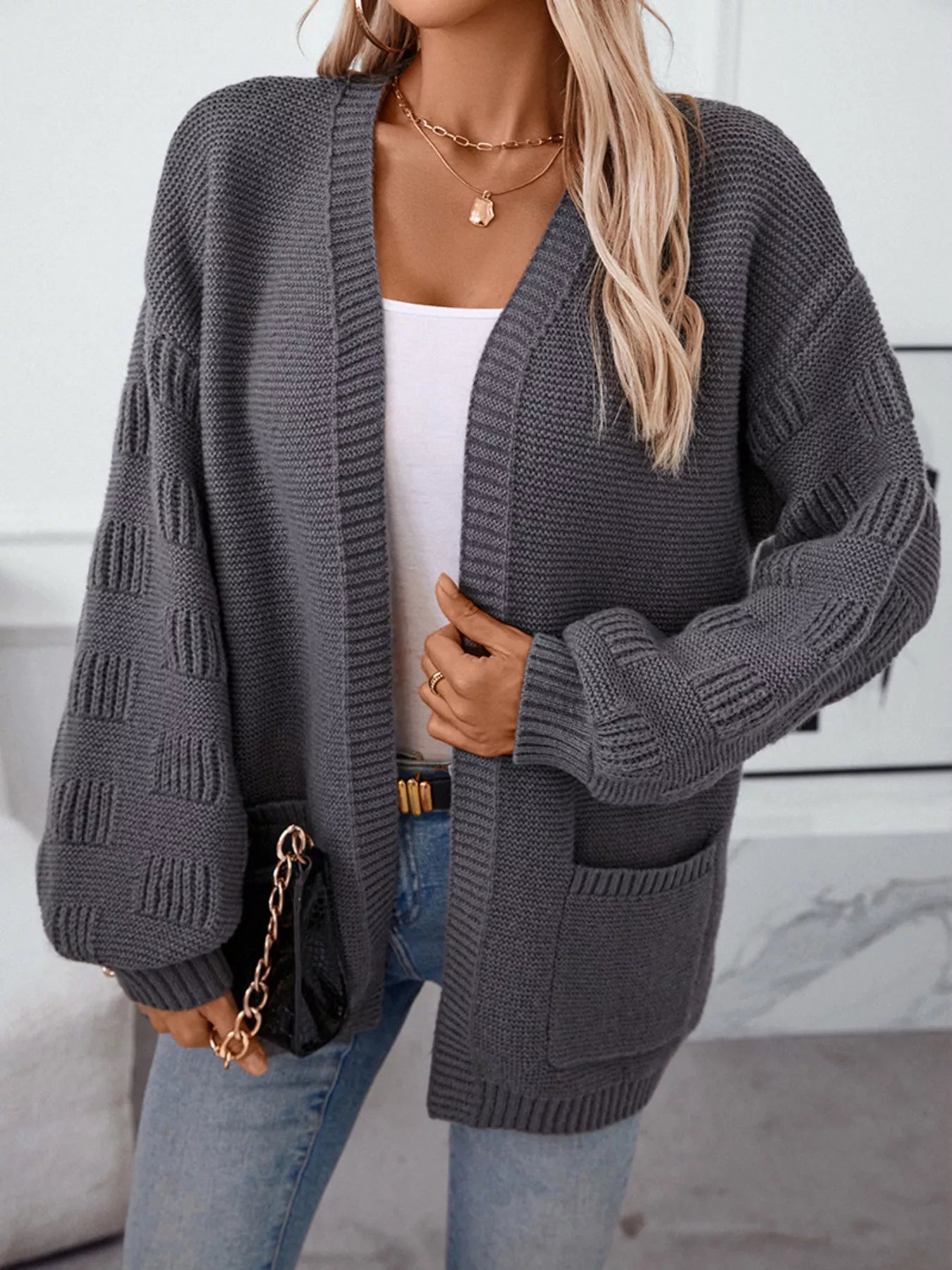 Textured Knit Open Front Cardigan