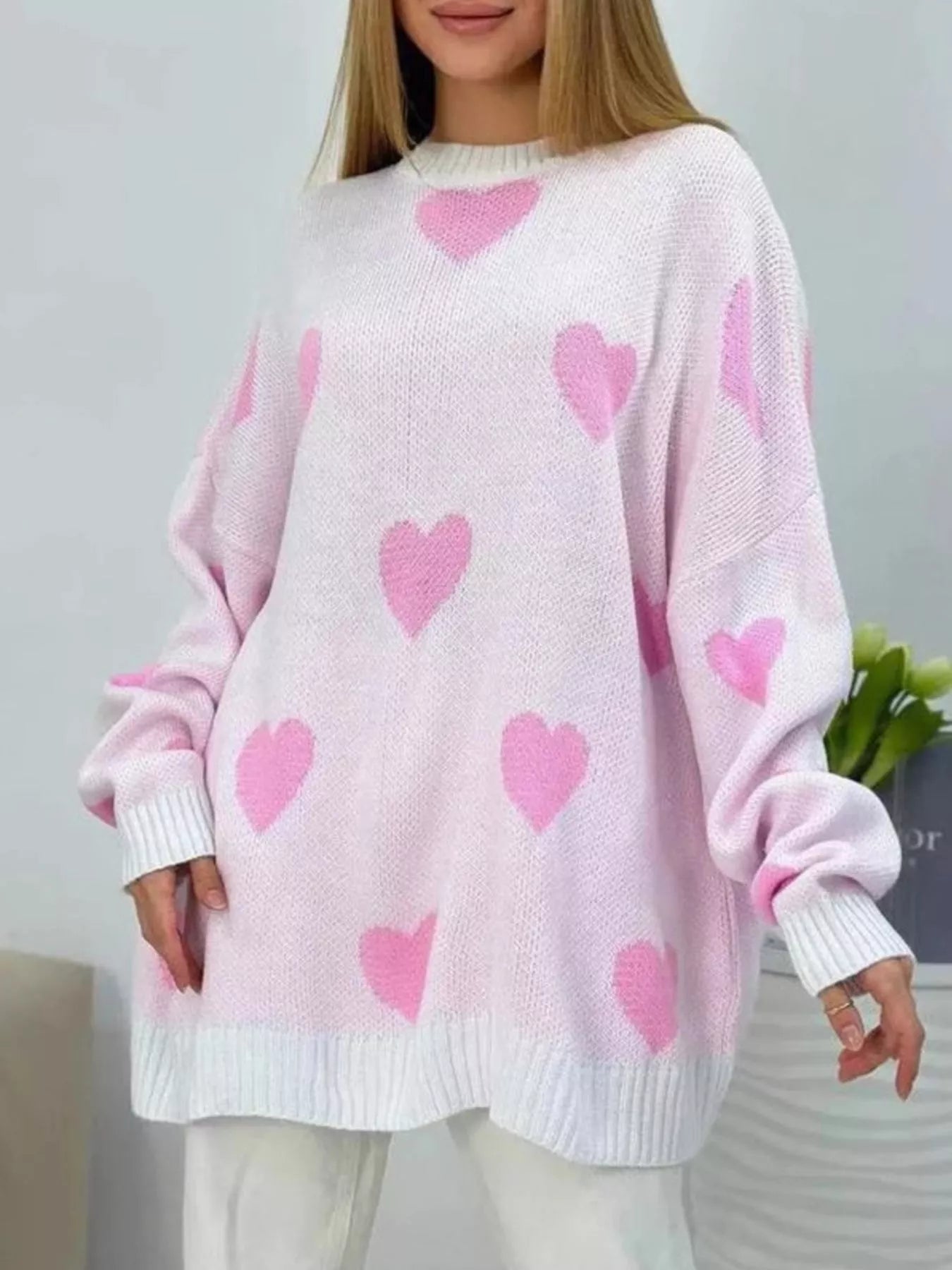 Heart Round Neck Oversized Knit Sweater