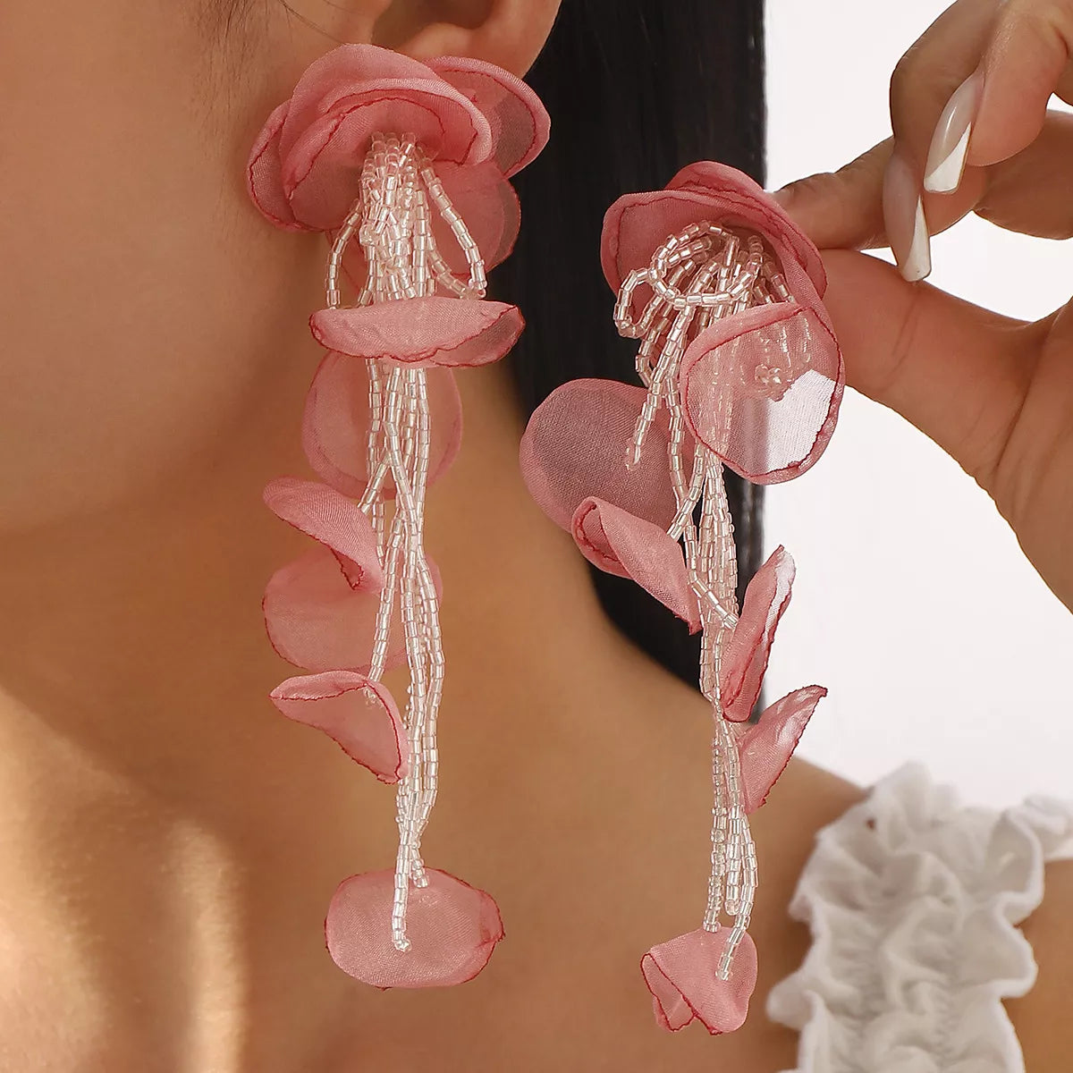 Floral Petal Beaded Tassel Drop Earrings
