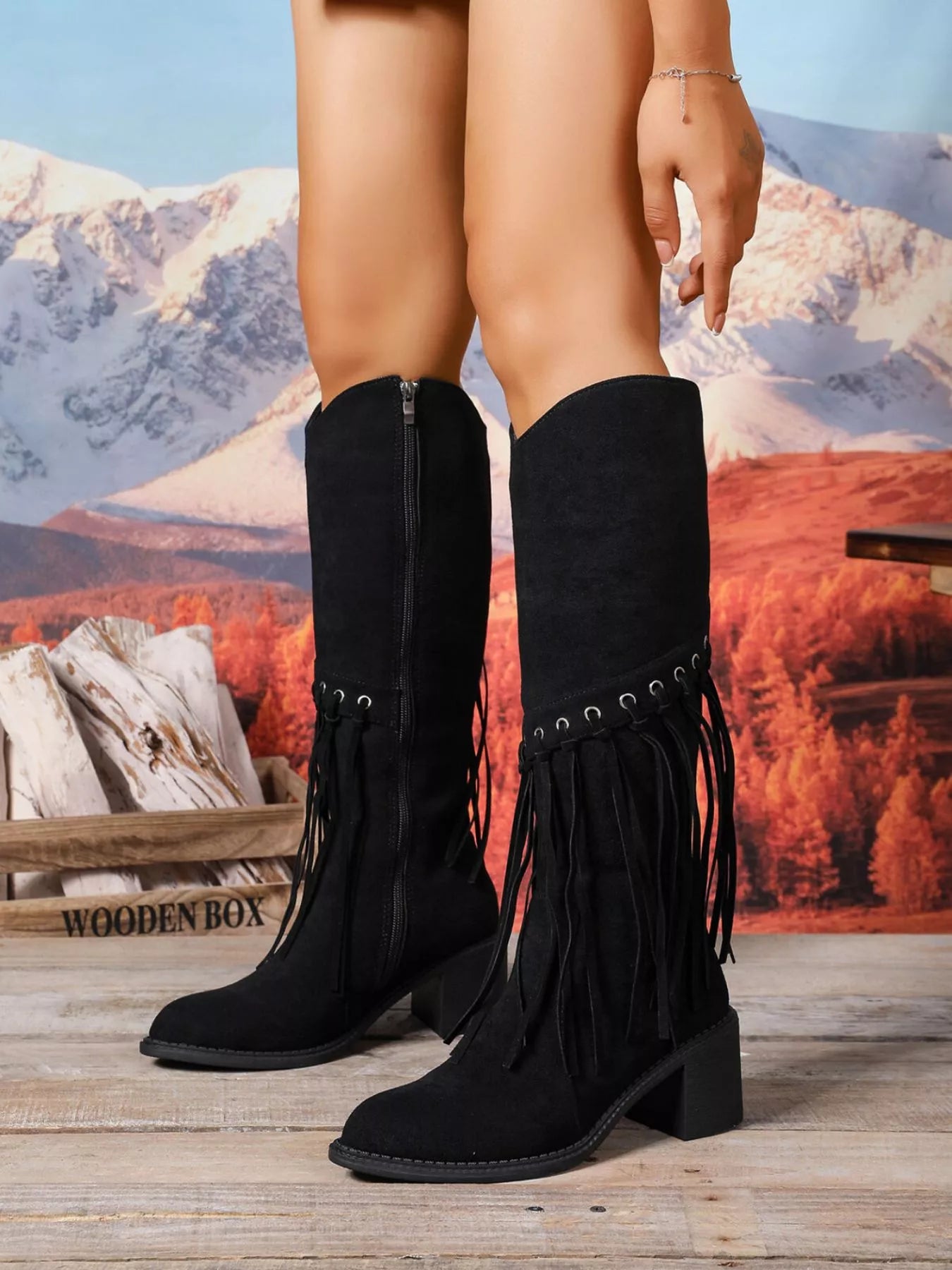 Fringe Point Toe Block Heels Boots
