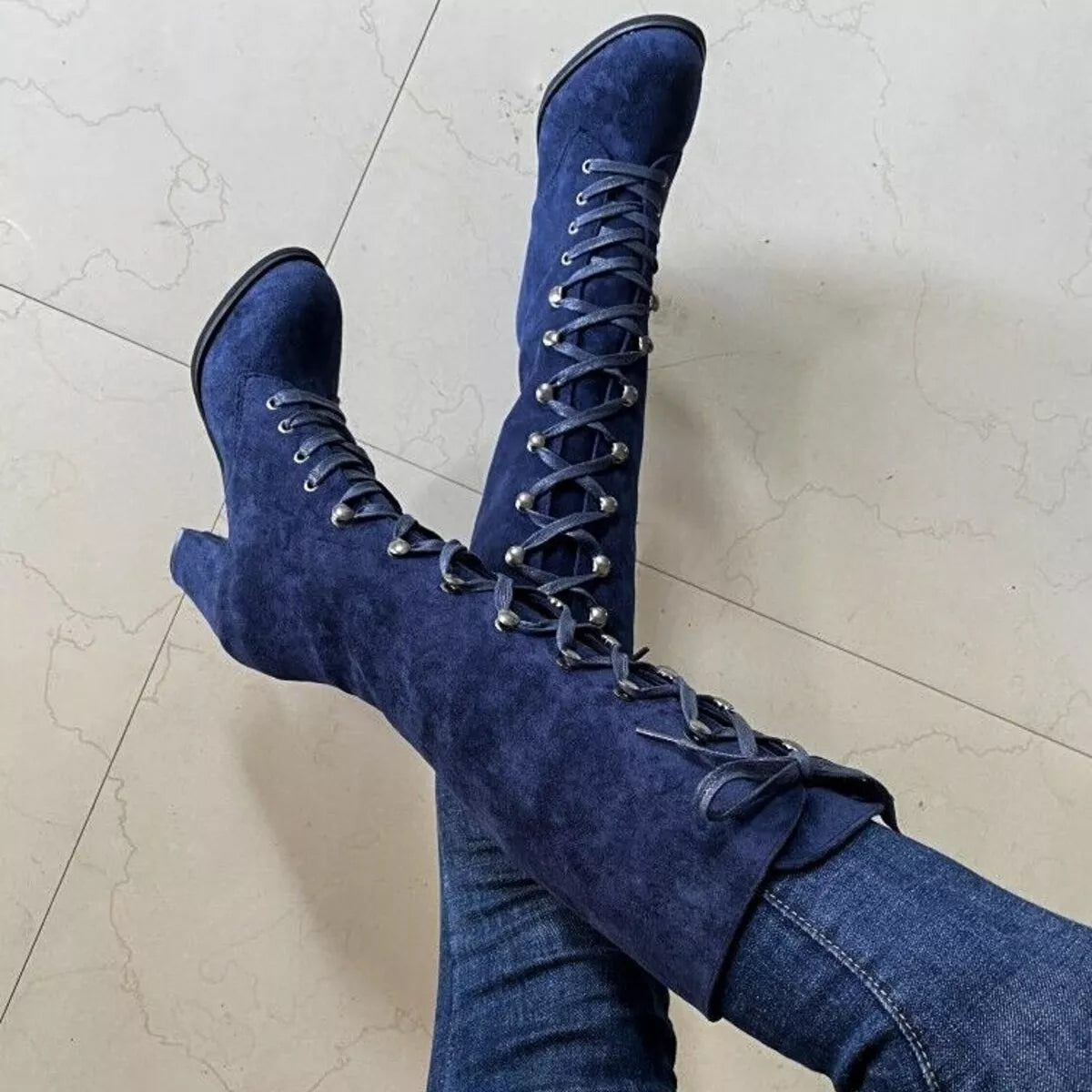 Lace Up Block Heels Boots