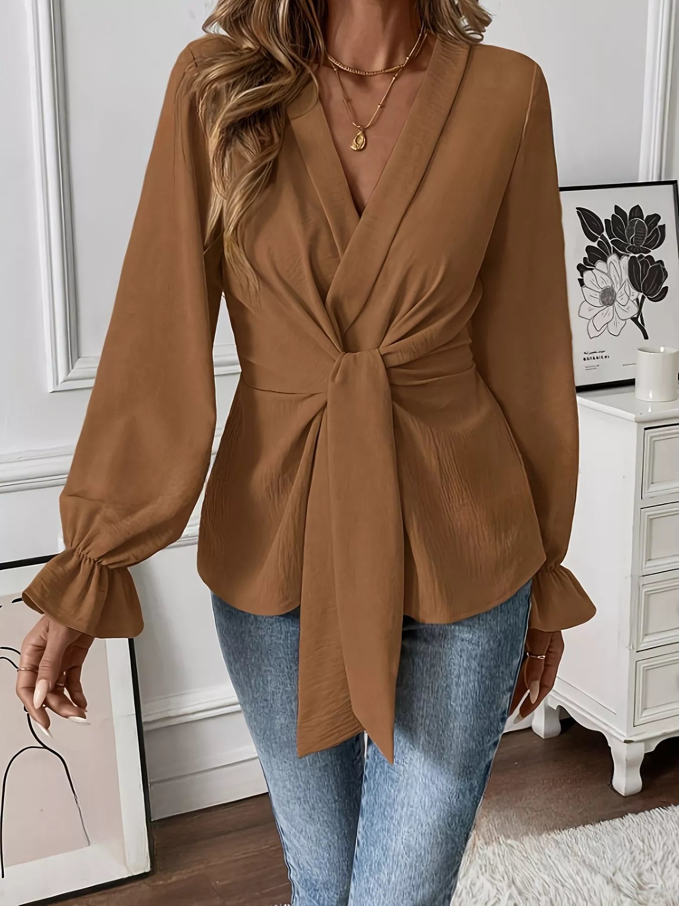 Knot Front Flounce Sleeve Blouse