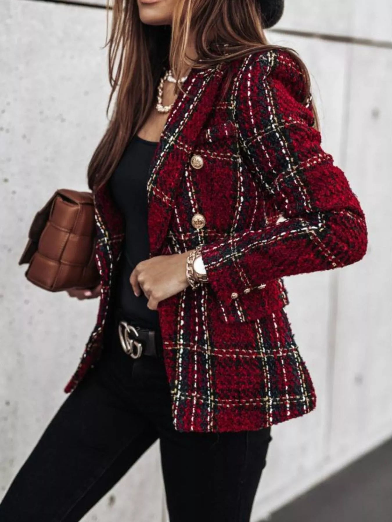 Full Size Plaid Tweed Double-Breasted Blazer Plus Size