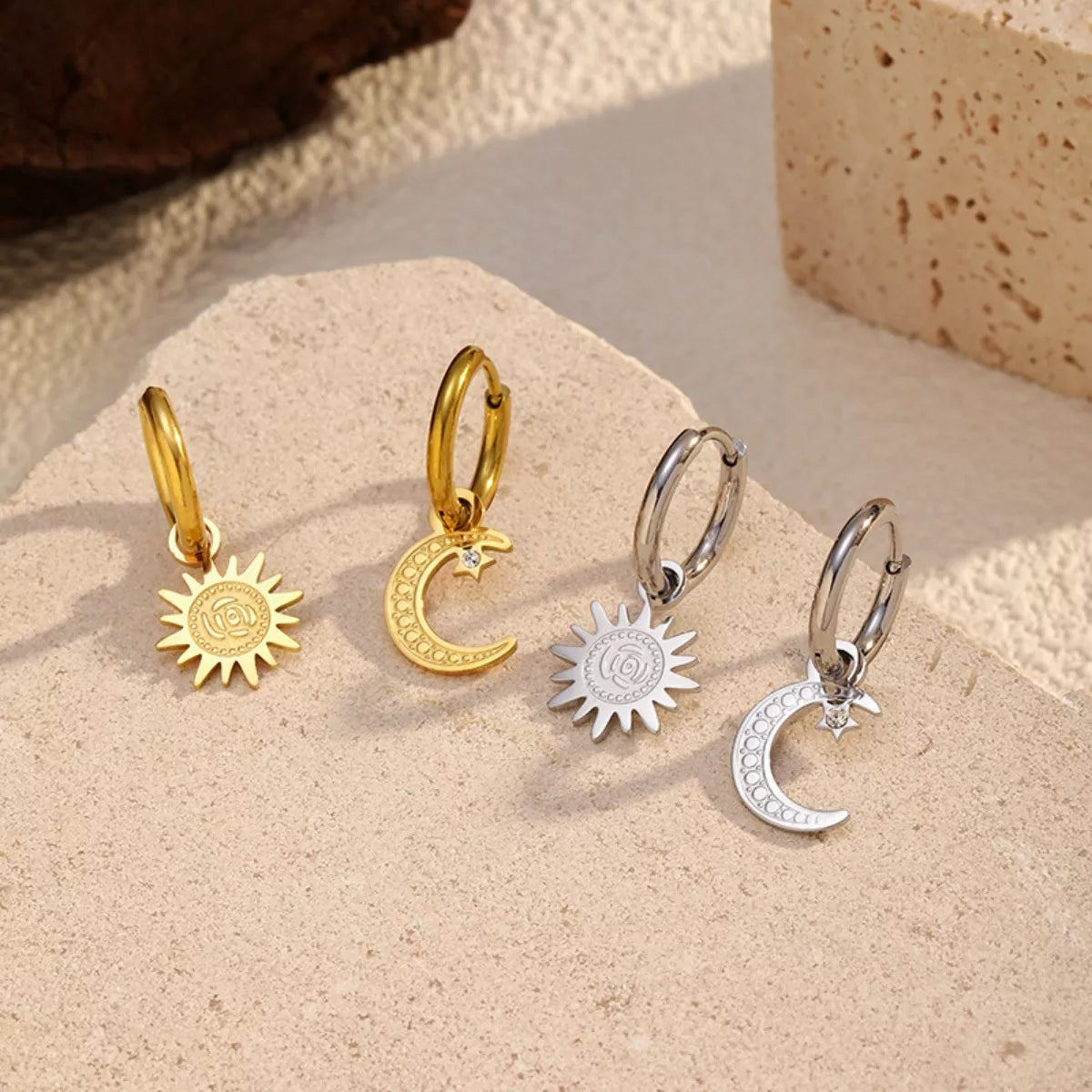 Sun and Moon Dangle Hoop Earrings