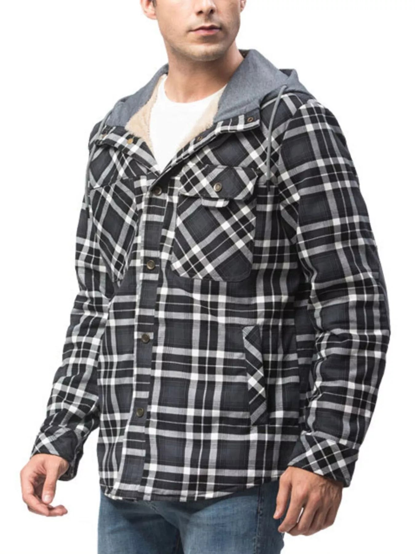 Men's Snap Down Plaid Flannel Hooded Jacket