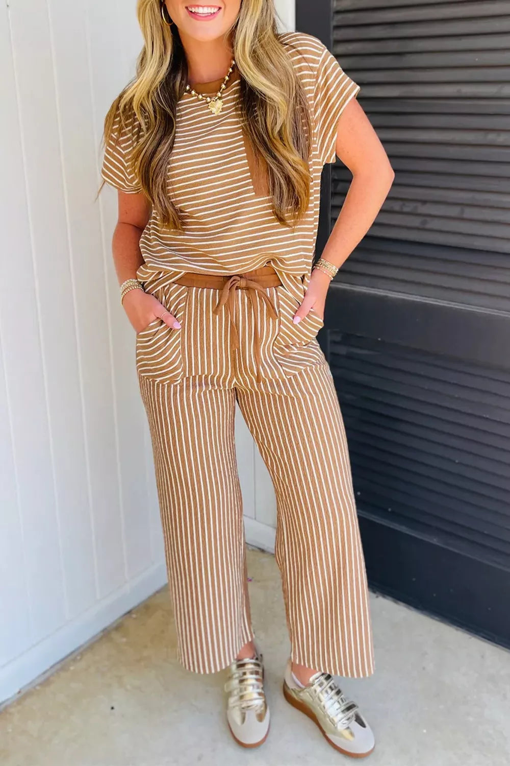Striped Casual Short Sleeve Top and Pants Two-Piece Set