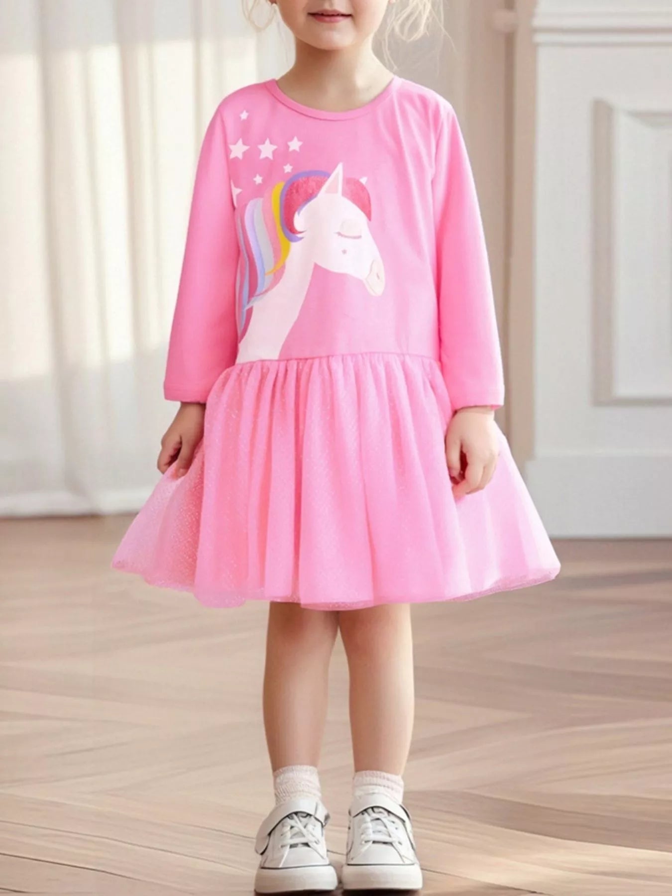 Children's Unicorn Print Long Sleeve Tulle Dress