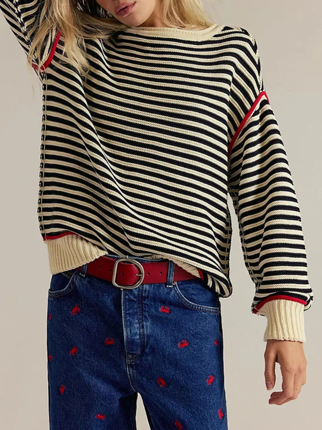 Striped Knit Round Neck Sweater