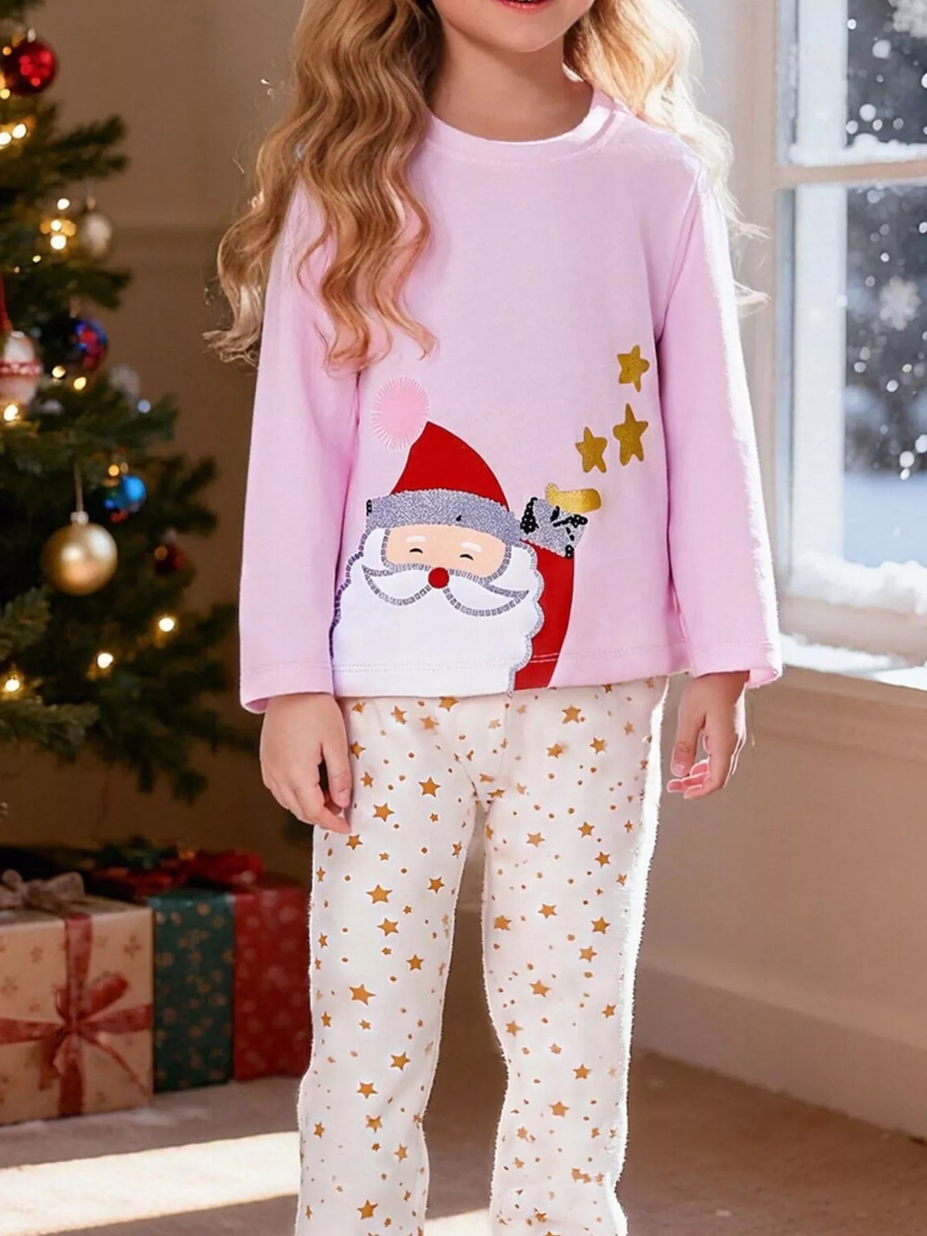 Children's Santa Top and Star Pants Pajama Set