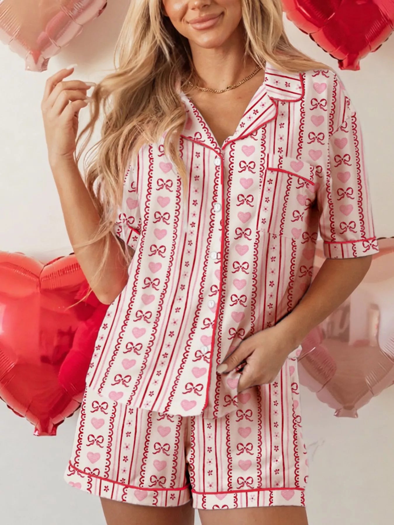 Bow Heart Print Ribbon Decor Short 2pcs Pajama Set