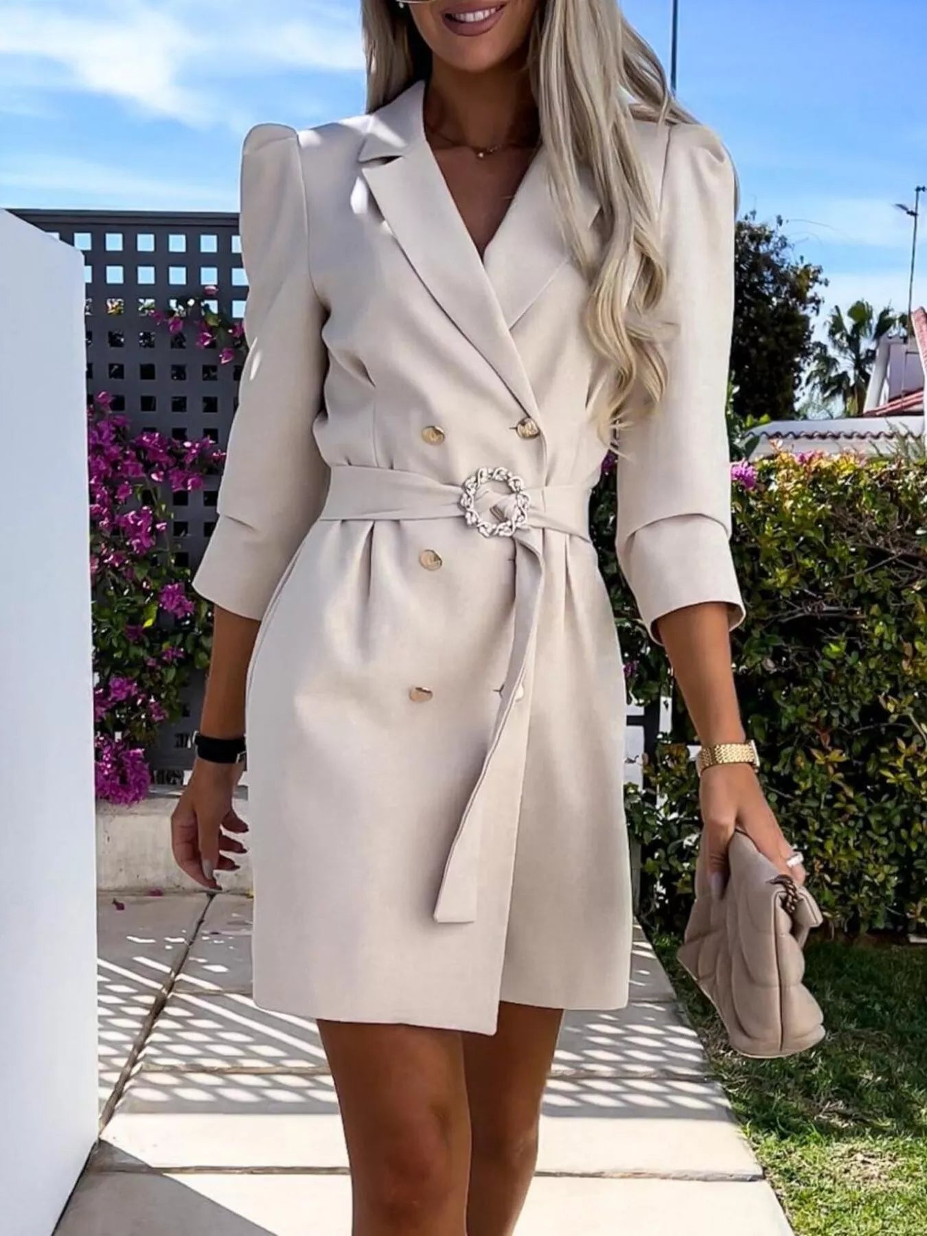 3/4 Sleeve Belted Blazer Dress