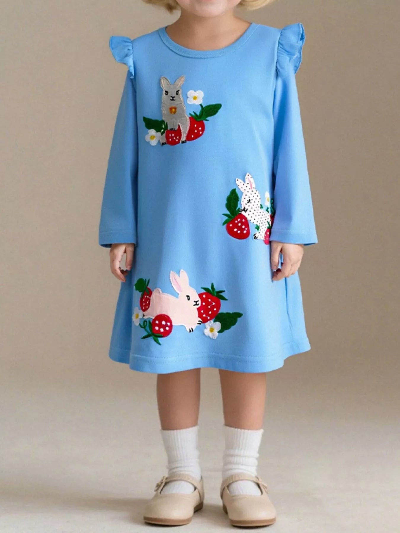 Children's Cute Rabbit &amp; Strawberry Long Sleeve Dress