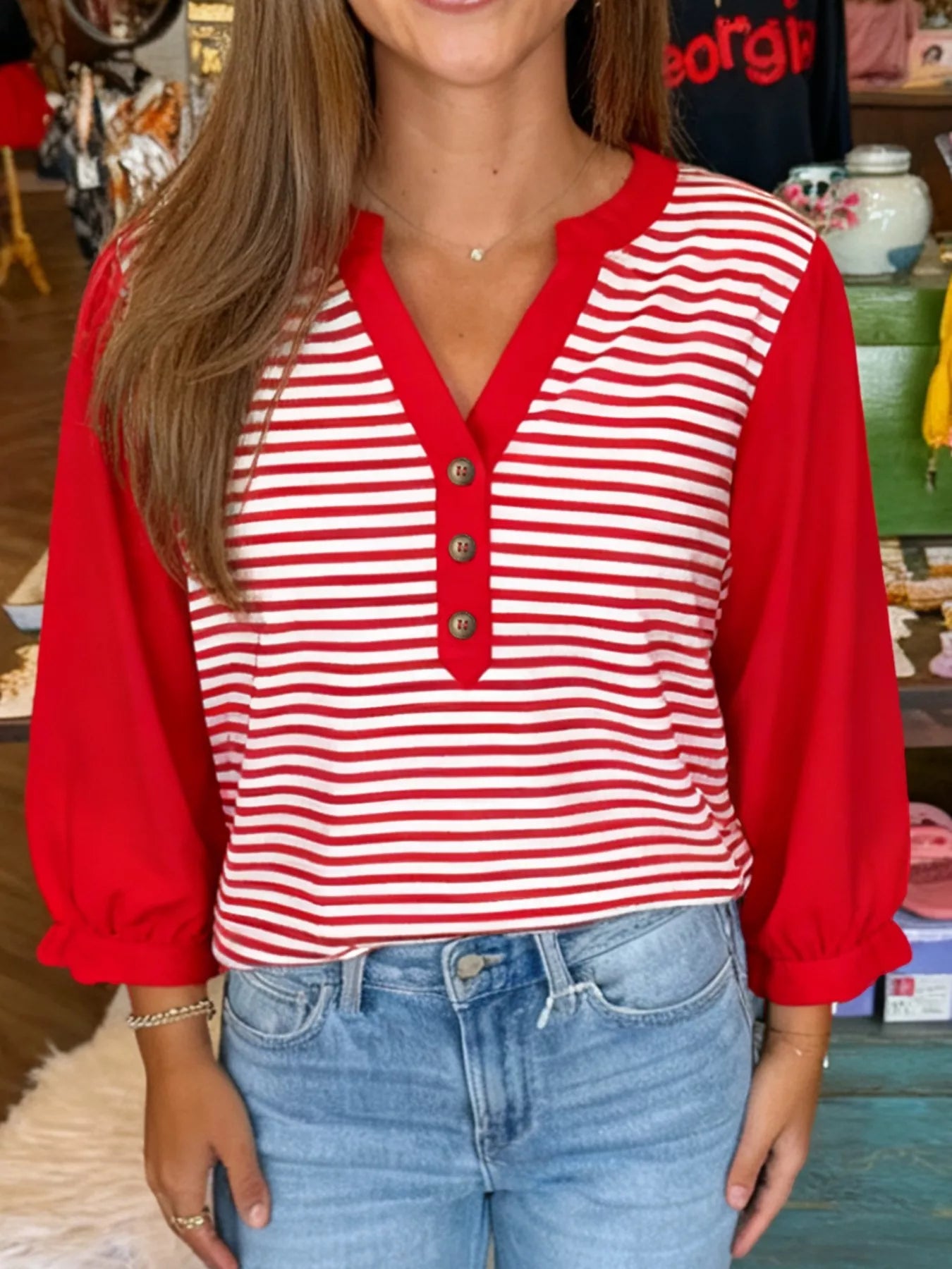 Striped Button-Detail Long Sleeve Top