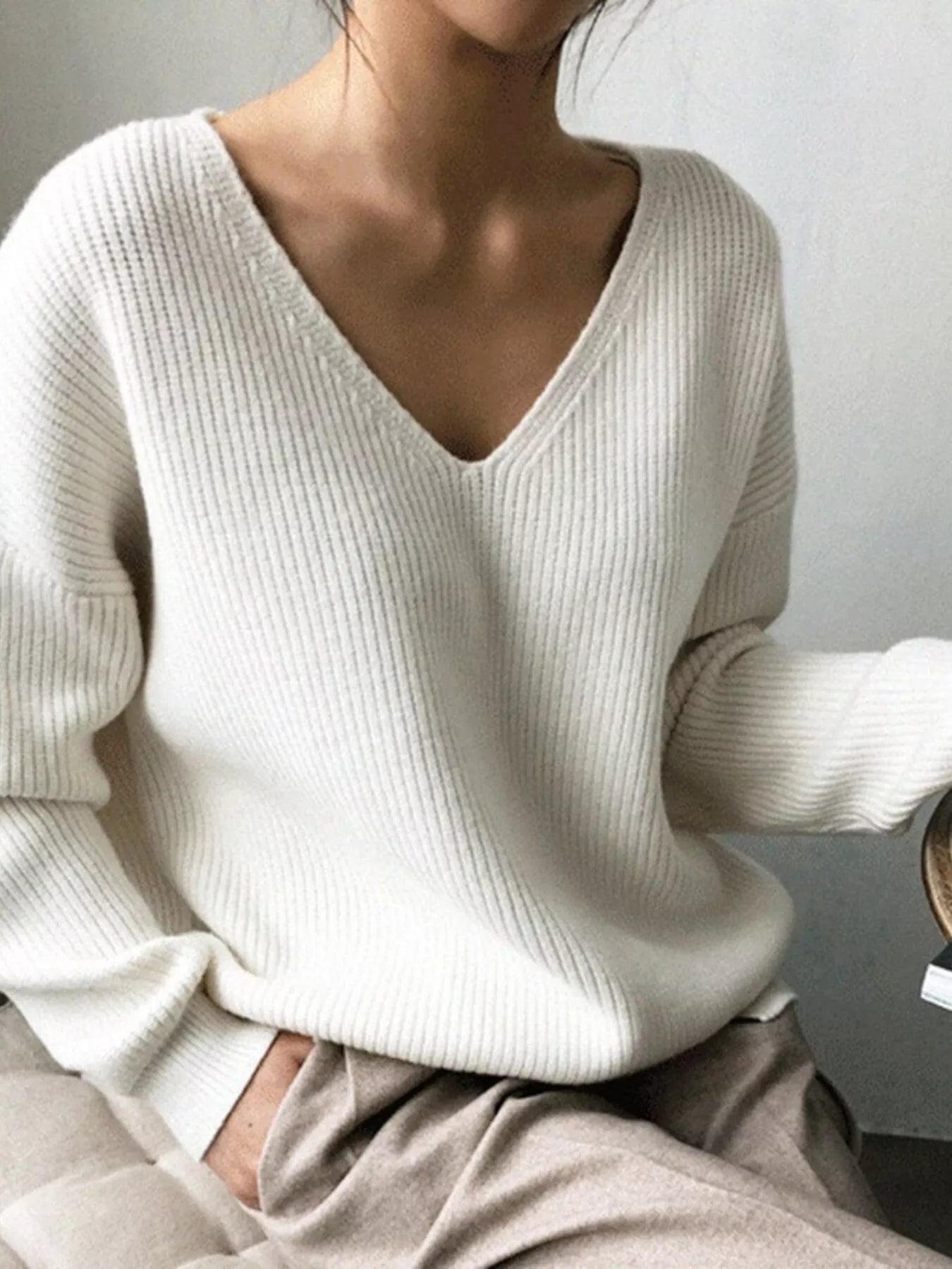 Full Size V-Neck Dropped Shoulder Sweater Plus Size