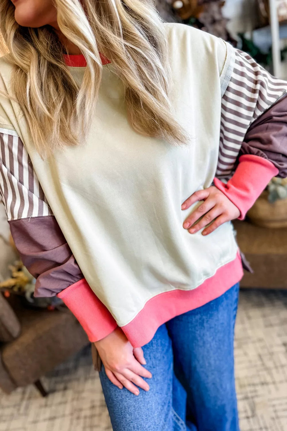 Color Block Striped Patchwork Dolman Slit Sweatshirt
