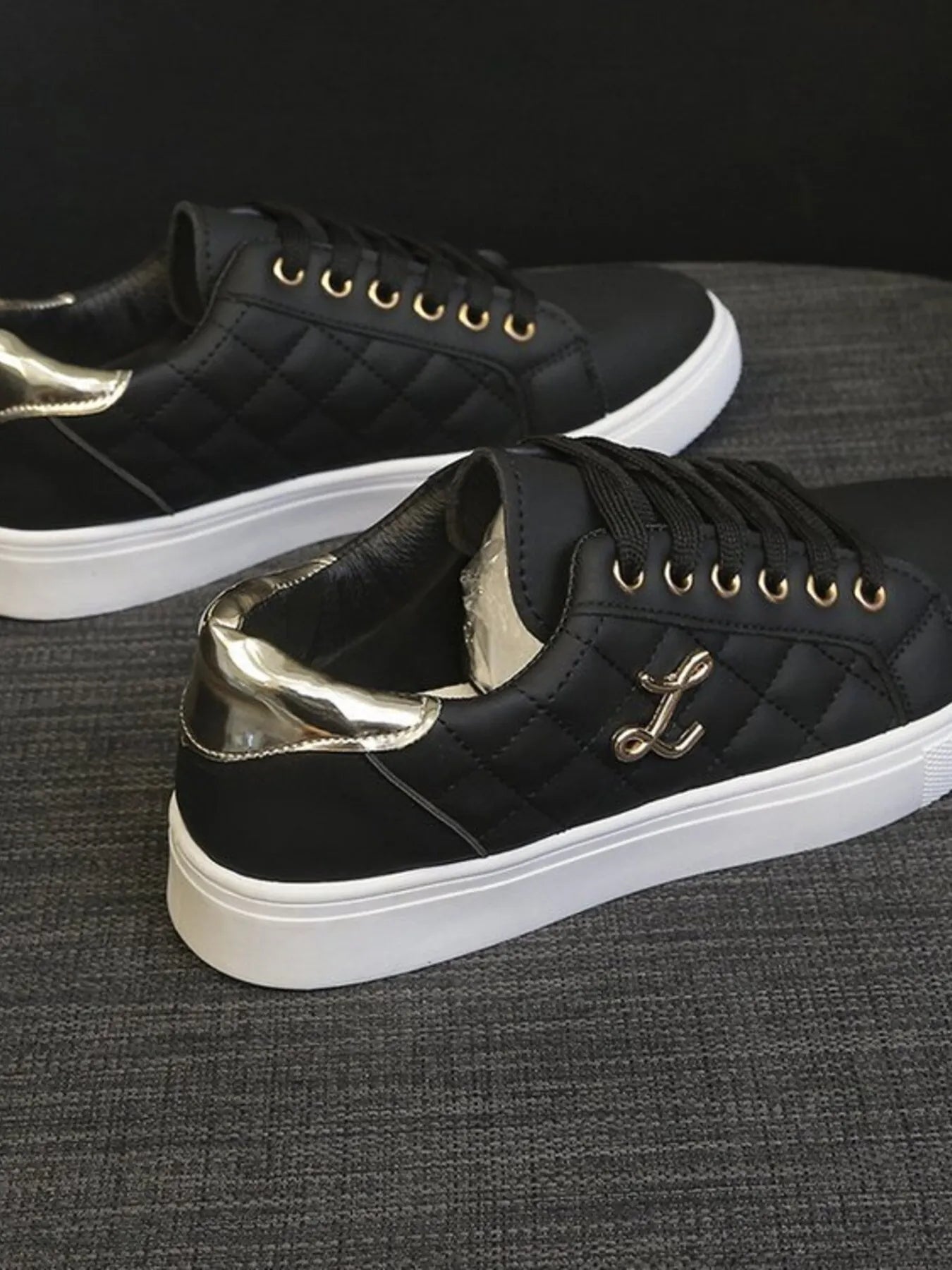 Quilted Platform Sneakers with Metallic Gold Accents