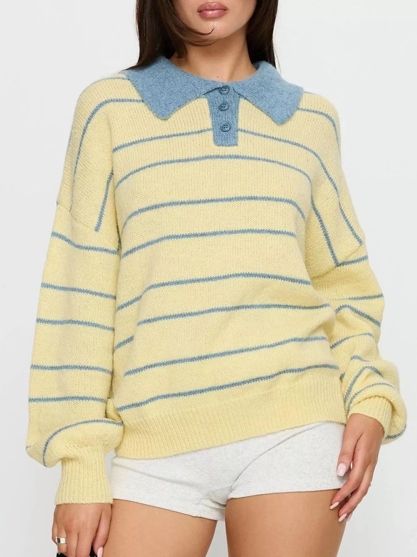 Striped Polo Collar Long Sleeve Sweater