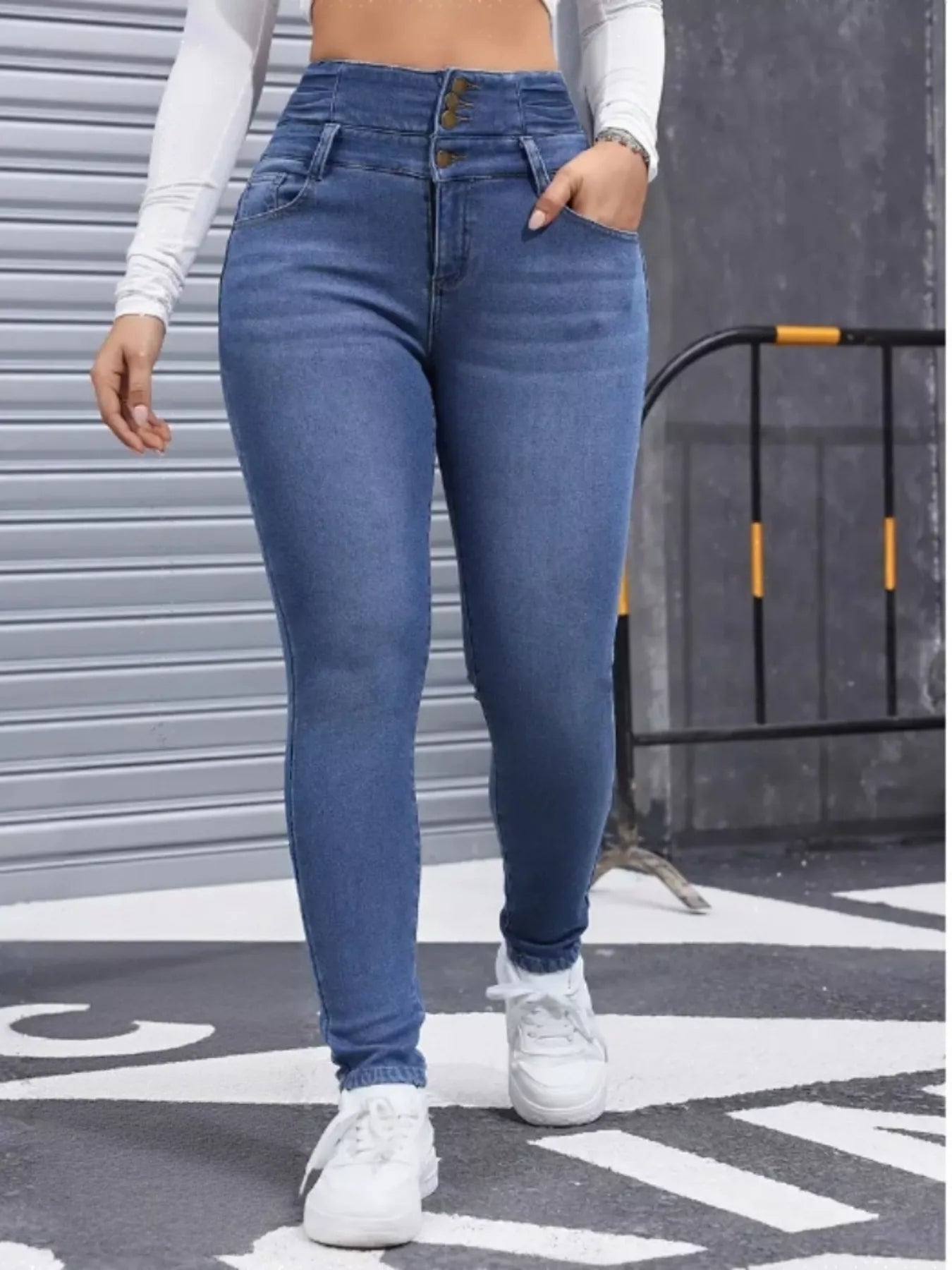 High Waist Button Fly Skinny Jeans