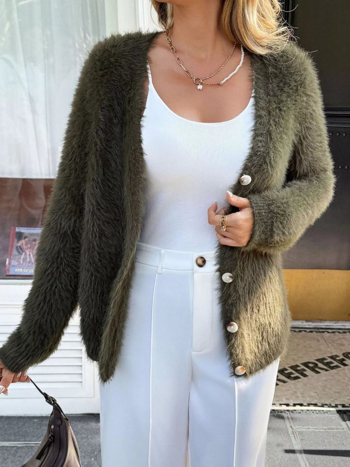 Fuzzy Knit Button-Up Cardigan