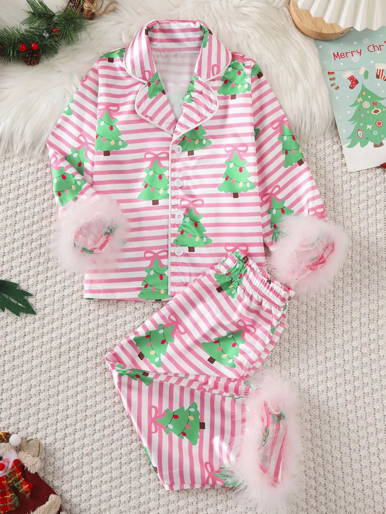 Children's Christmas Tree Print Fluffy Cuff Pajama Set