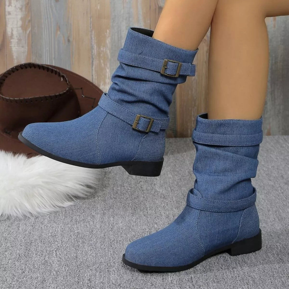 Buckle Accent Block Heel Boots