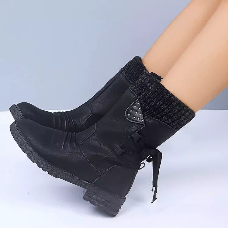 Knitted Cuff Round Toe Boots