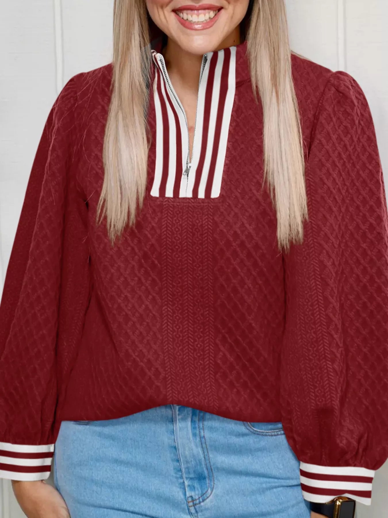 Striped Trim Zipper Blouse