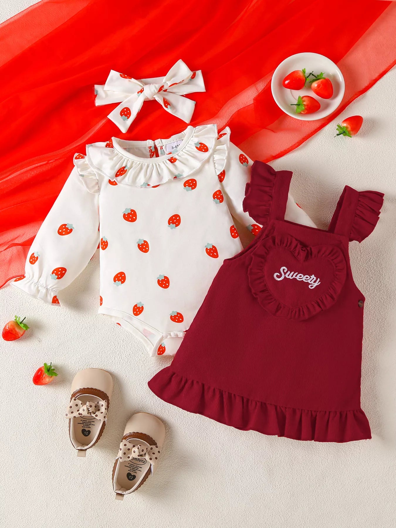 Children's Ruffled Bodysuit and Heart Decor Dress Set with Headband