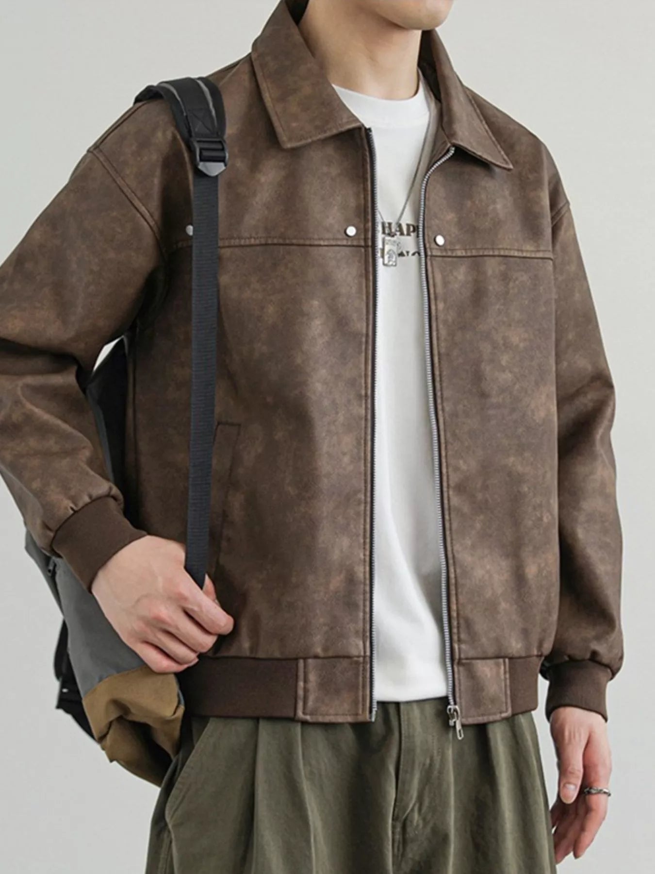 Men's Plus Size Zip Up Faux Leather Shacket