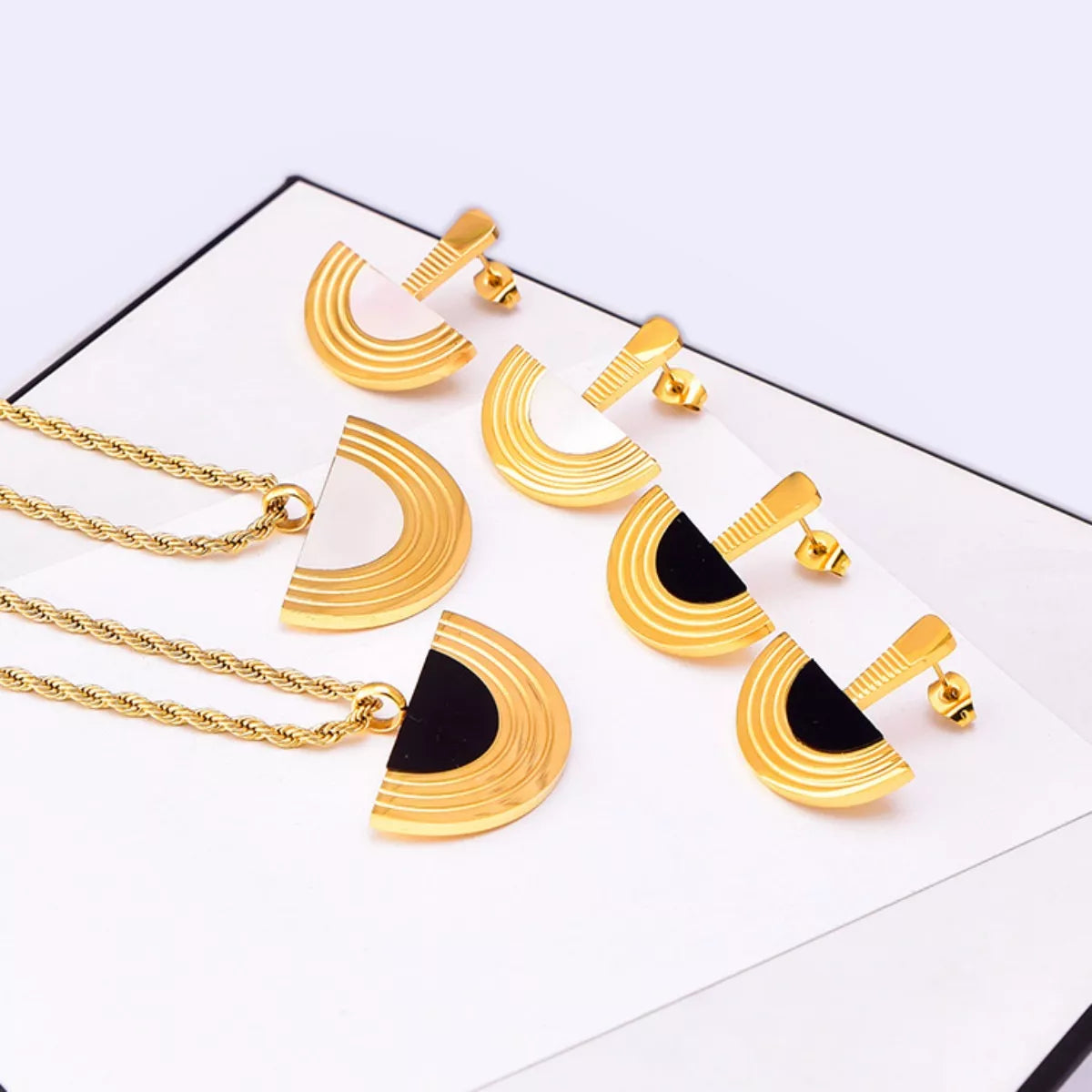 Geometric Half-Circle 18K Gold Plated Necklace Ring and Earrings Jewelry Set