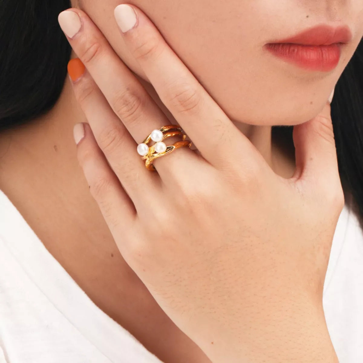 Synthetic Pearl 18K Gold-Plated Copper Ring