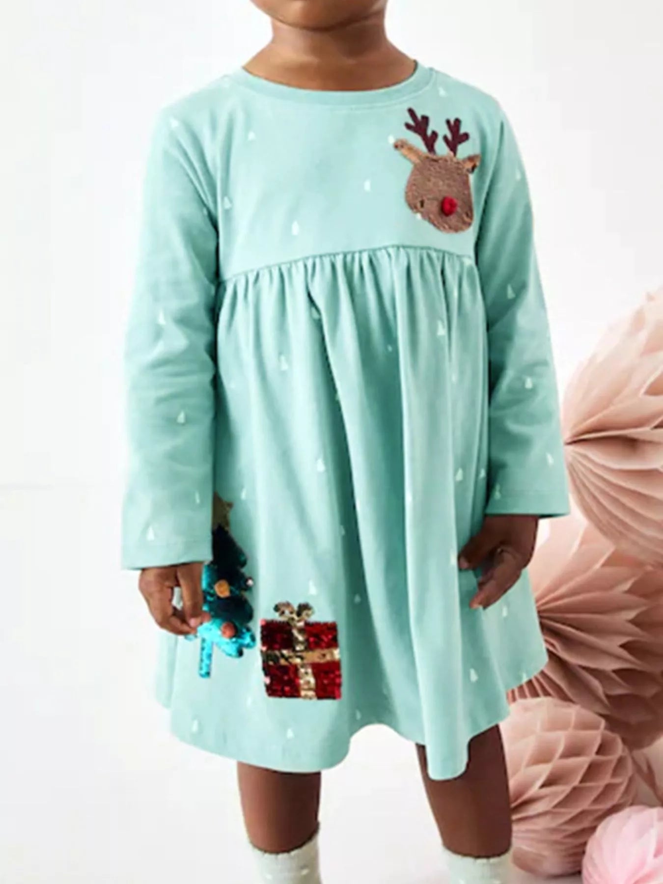 Children's Reindeer & Christmas Tree Sequin Long Sleeve Dress