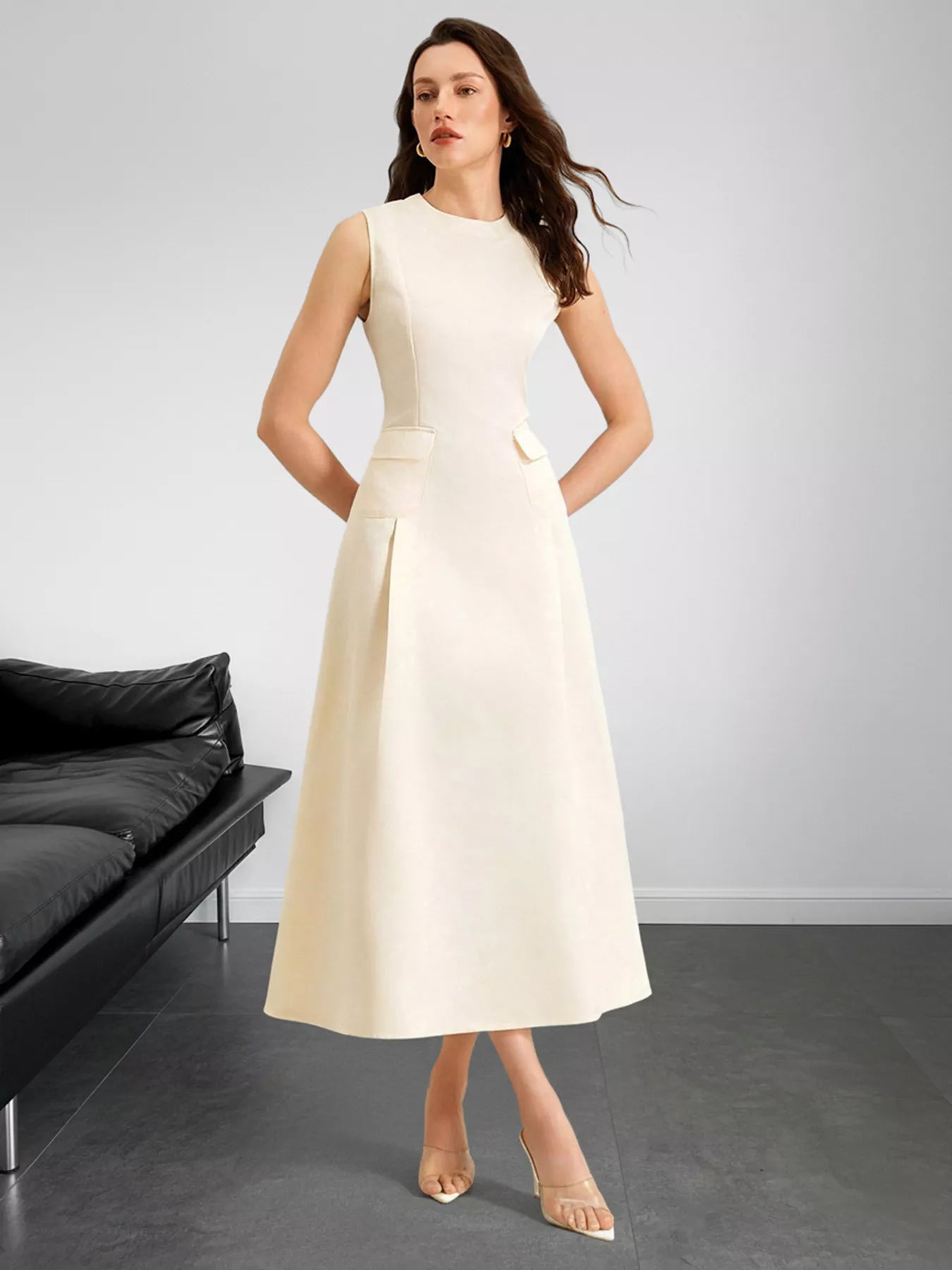 Sleeveless A-Line Midi Dress with Pockets