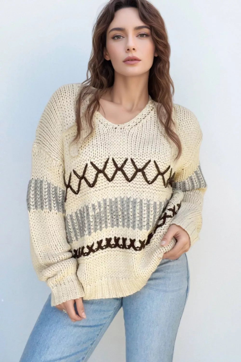 V-Neck Knit Long Sleeve Sweater