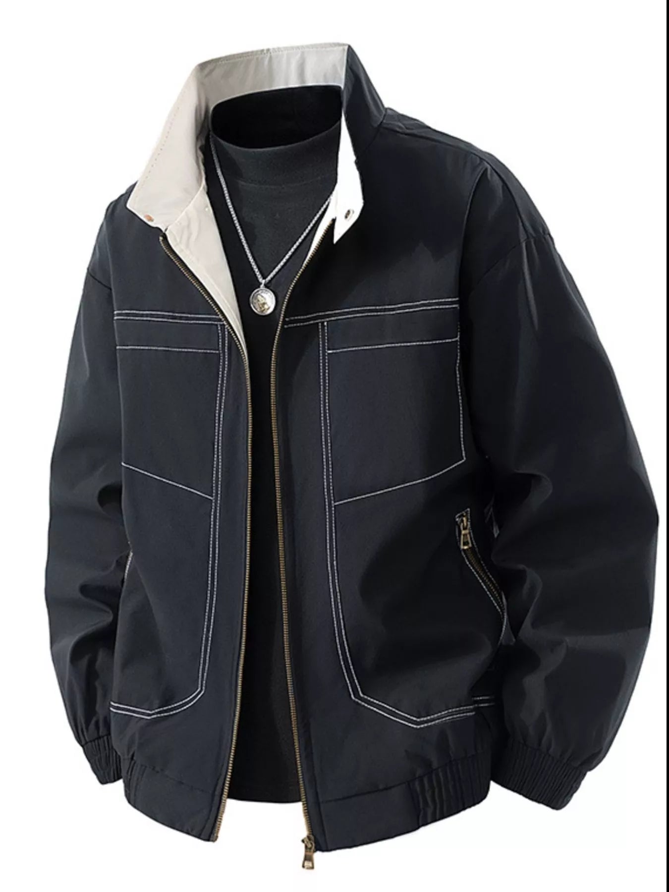 Men's Plus Size Zip Up Contrast Collar Casual Jacket