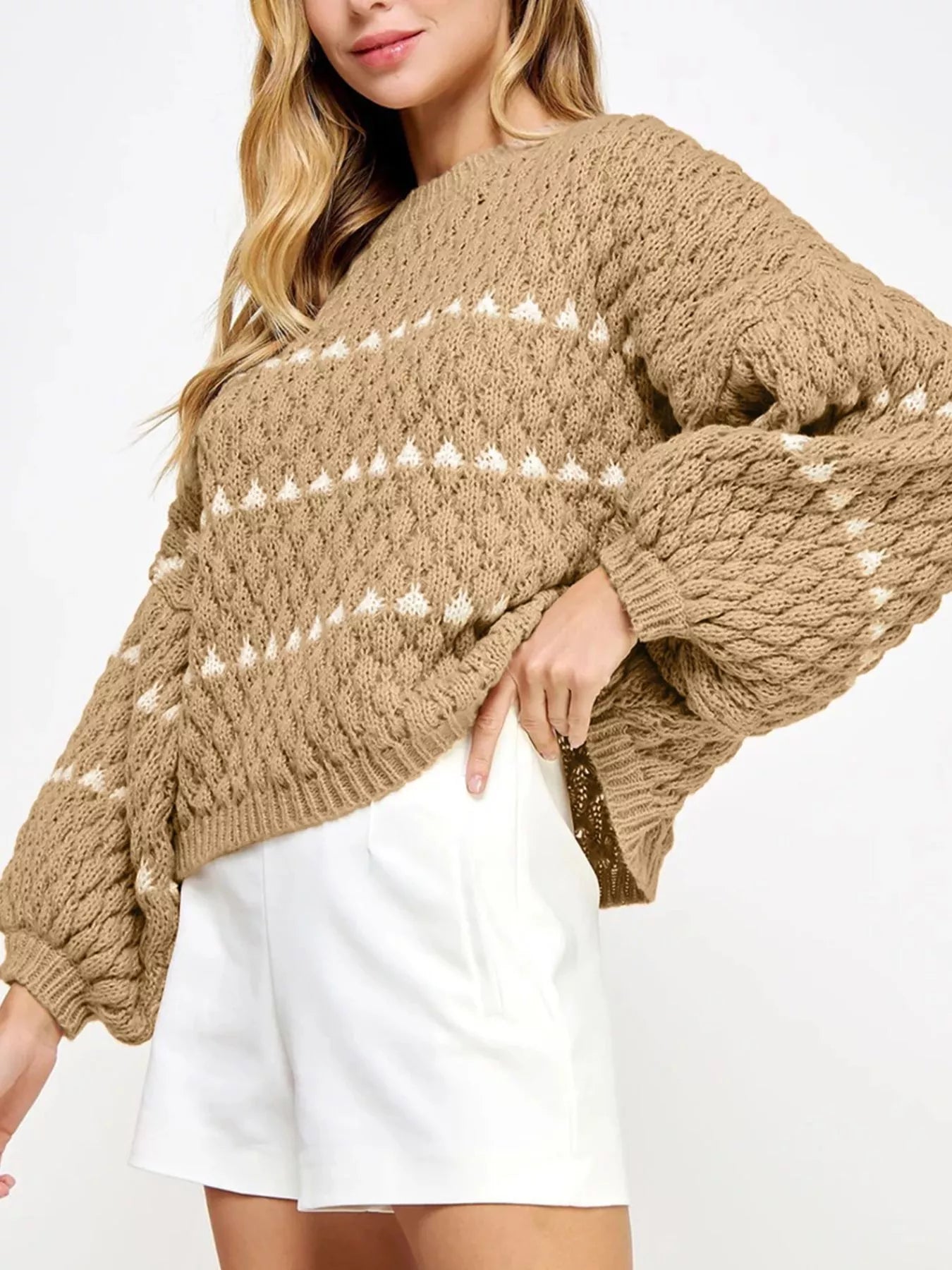 Contrast Detail Textured Knit Puff Sleeve Baggy Sweater