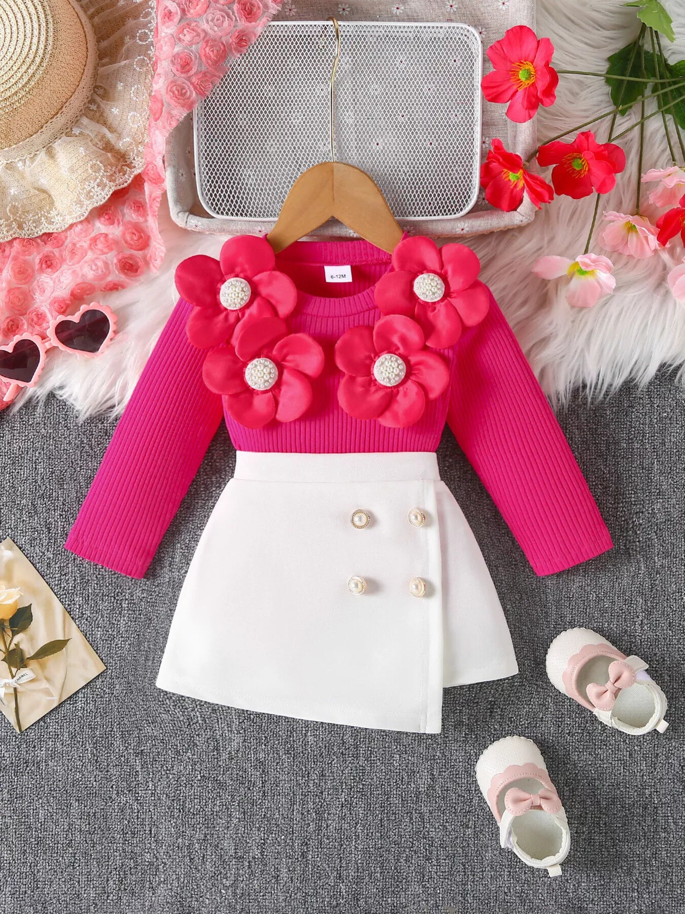 Children's Floral Applique Ribbed Top & Button Decor Skirt Set