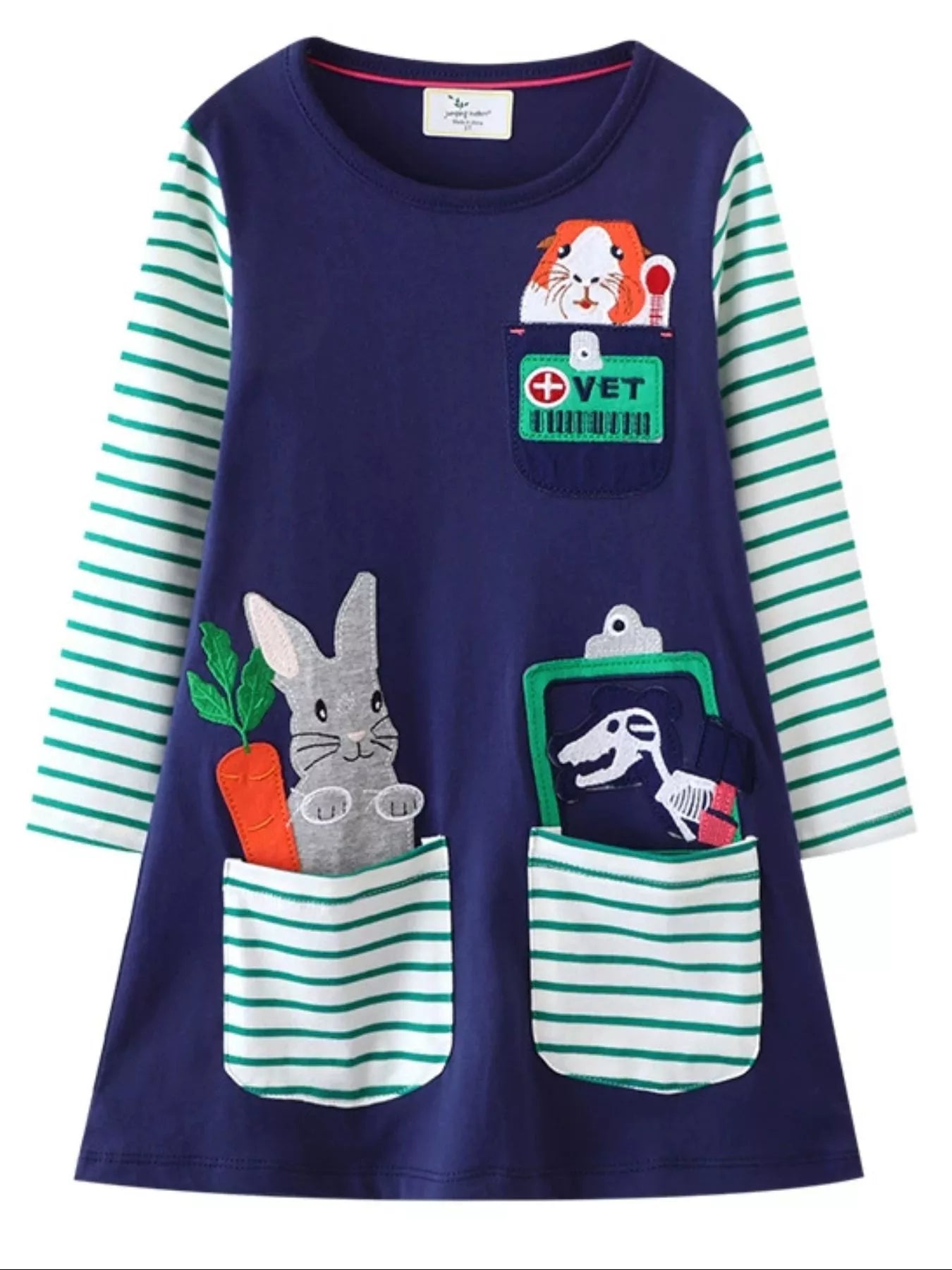 Children's Animal Pocket Embroidered Long Sleeve Dress