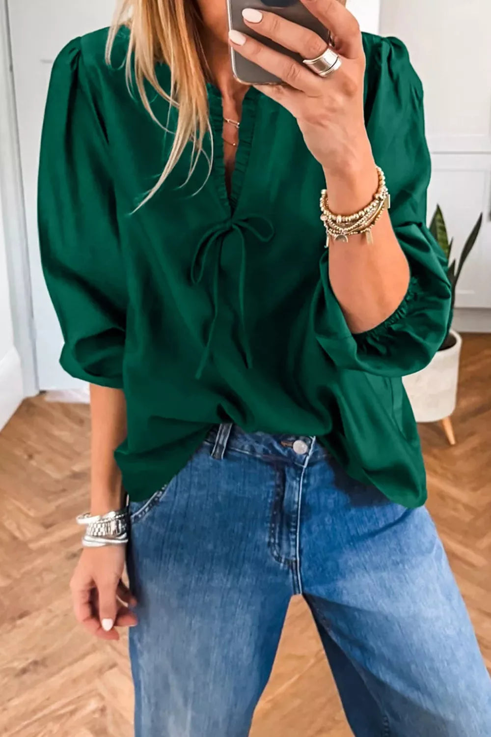 Solid Color Frilled V Neck Bow Detail 3/4 Sleeve Blouse