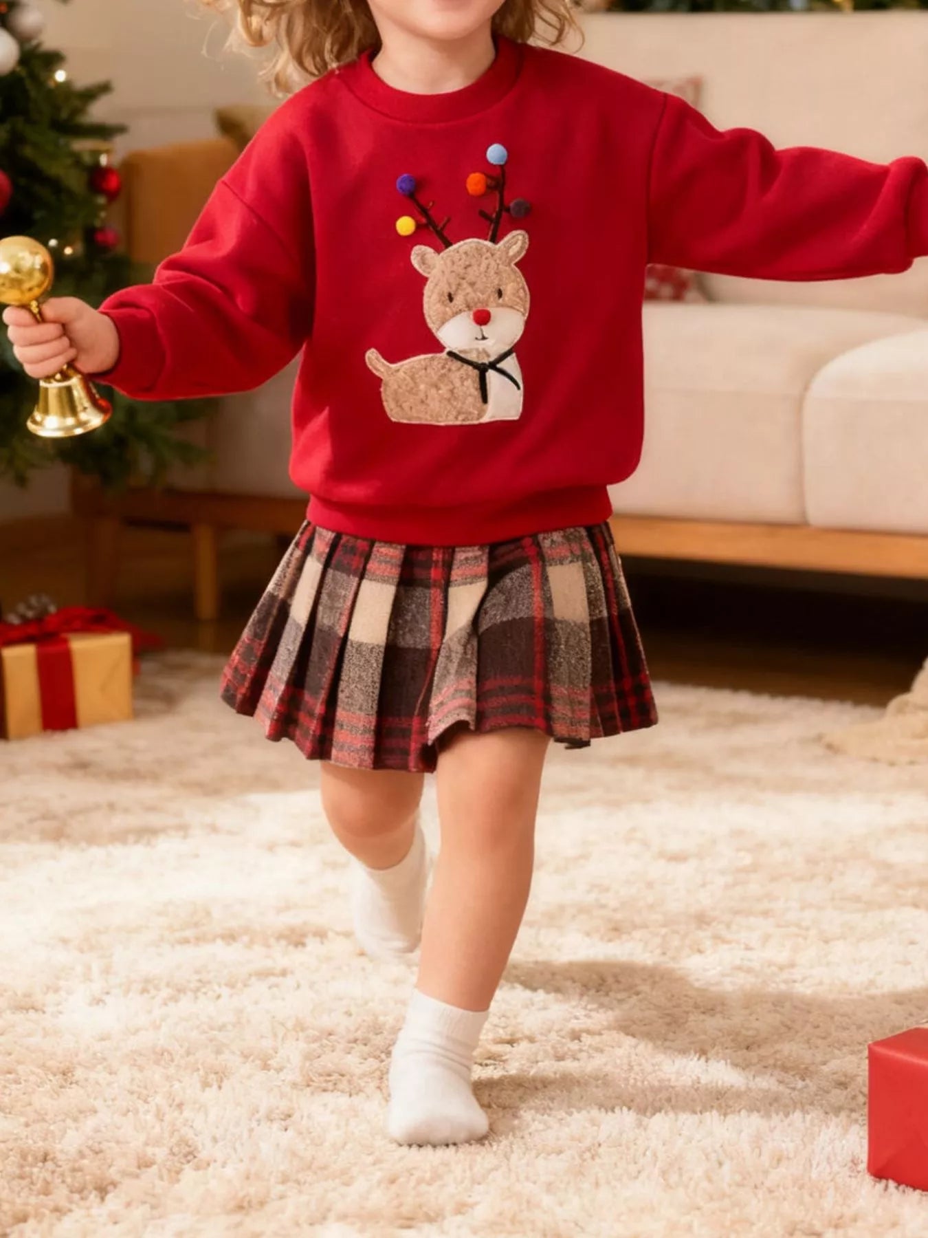 Children's Christmas Reindeer Sweatshirt &amp; Plaid Skirt Set