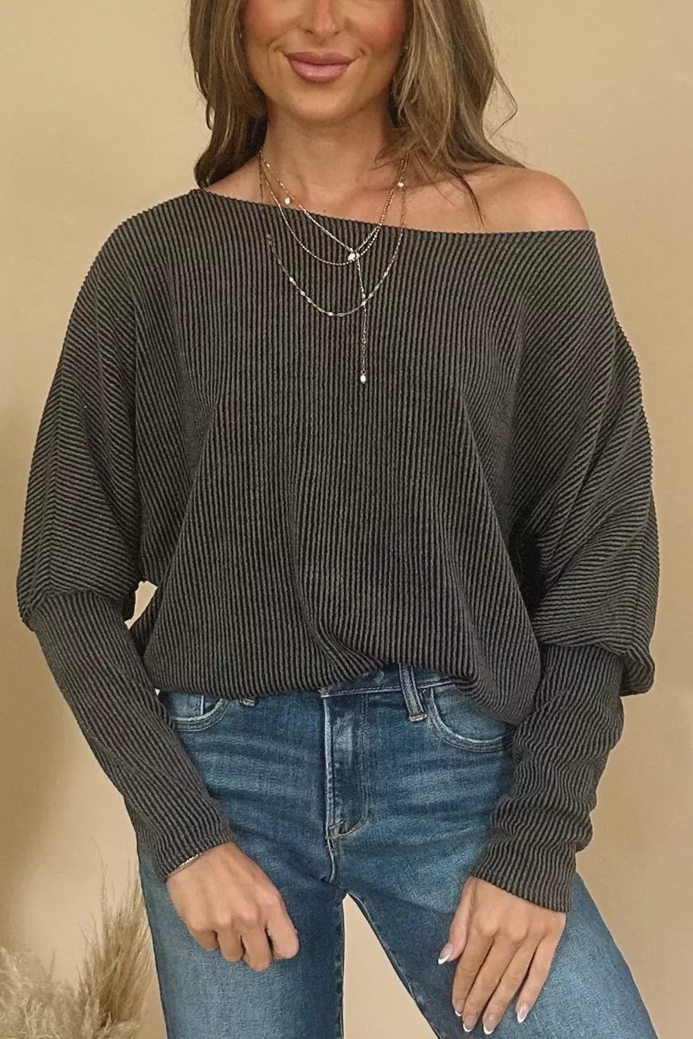 Boat Neck Long Sleeve Knit Top