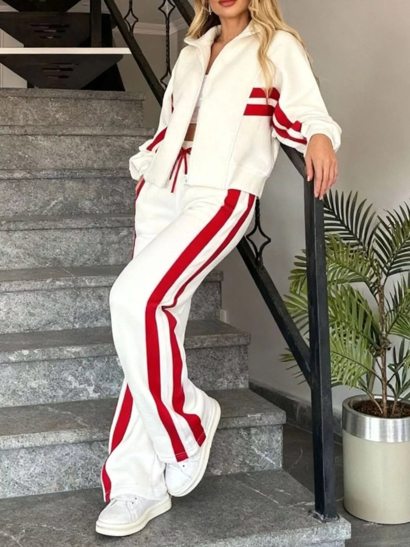 Full Size Striped Zip Up Outerwear and Pants Set Plus Size
