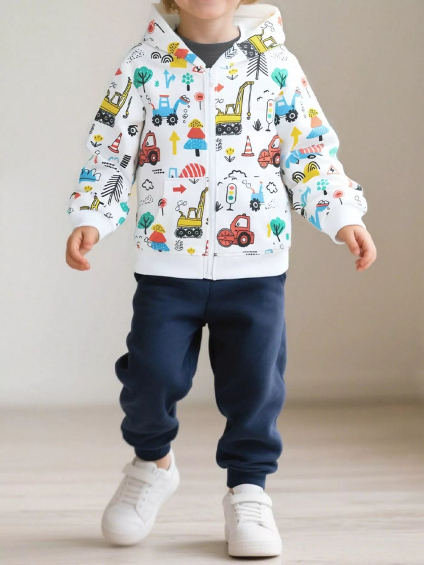 Children's Cartoon Construction Vehicle Print Zip-Up Jacket