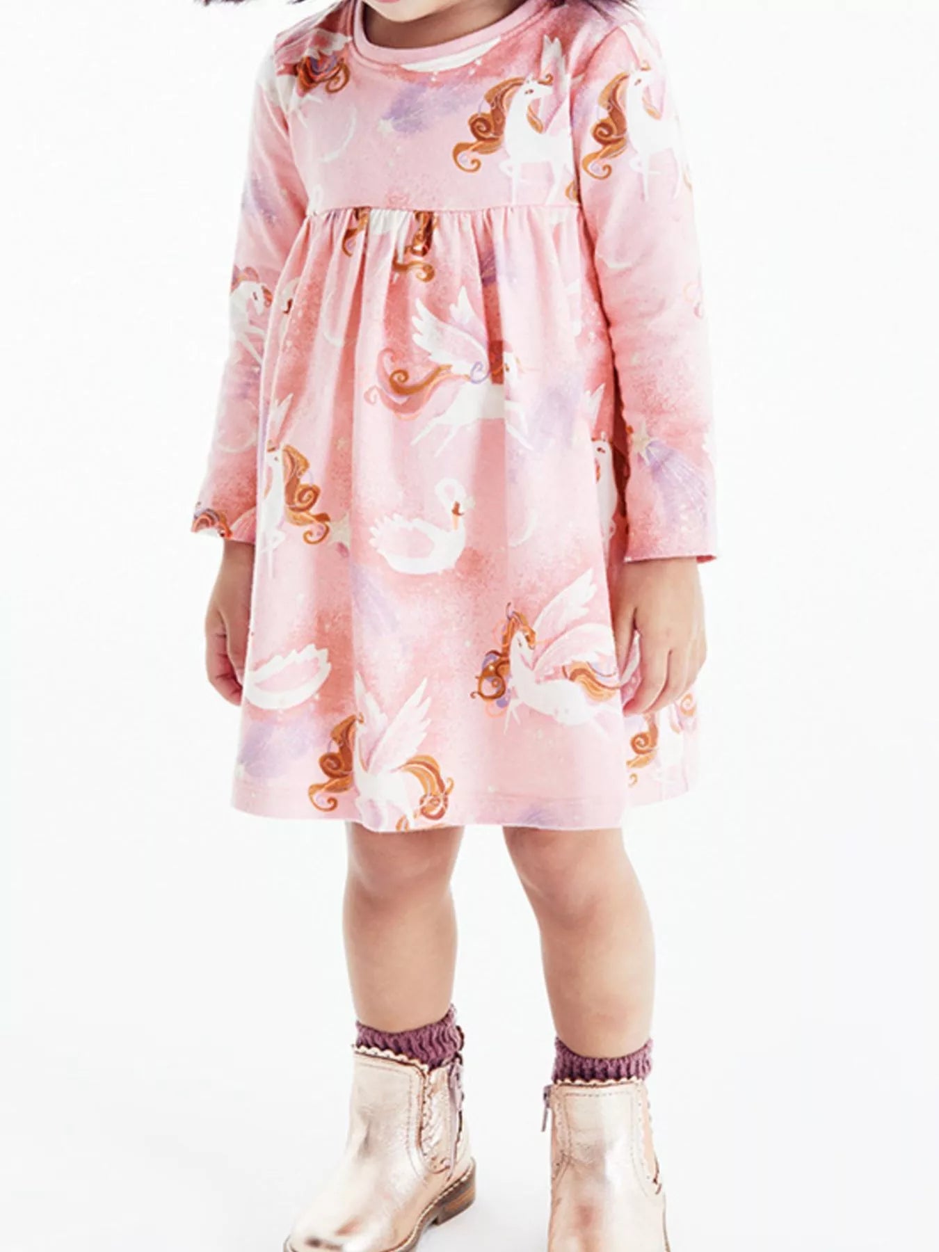Children's Swan & Unicorn Print Long Sleeve Dress