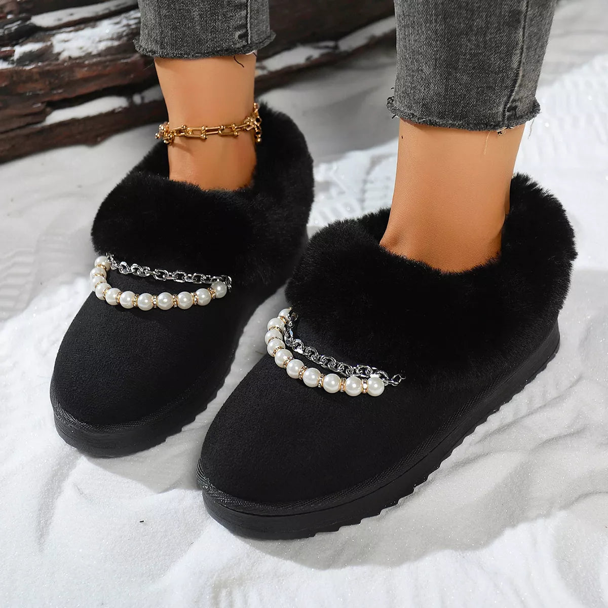 Pearl Embellished Luxury Fur Lined Winter Boots