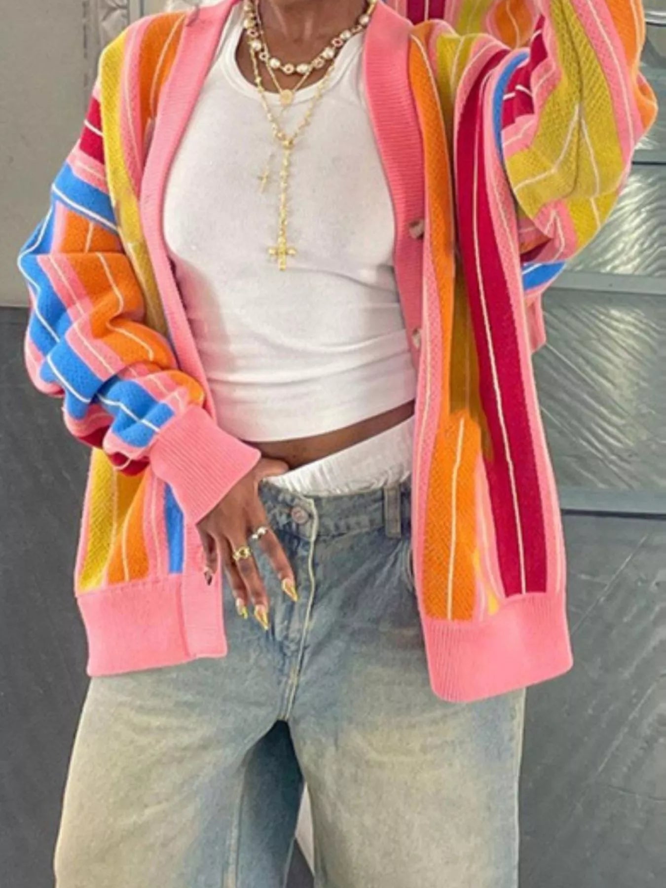 Striped Knit Button Up Cardigan