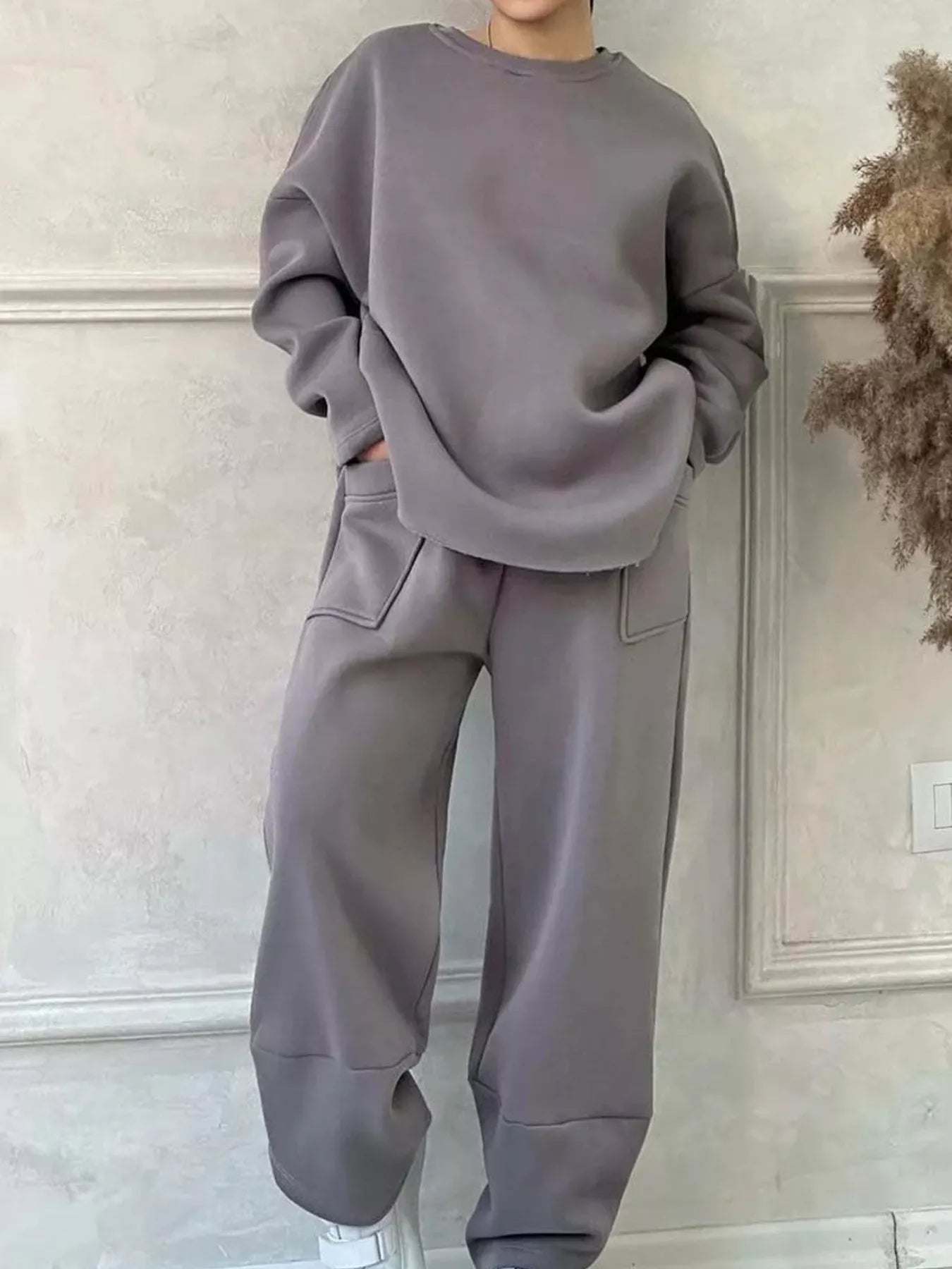 Full Size Oversized Round Neck Top and Pants Set Plus Size